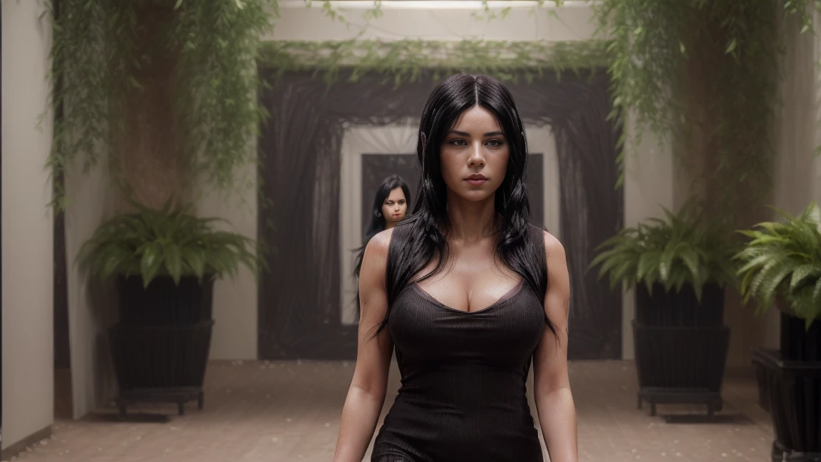 nfsw, 8k, masterpiece, RAW photo, best quality, photorealistic, extremely detailed CG unity 8k wallpaper, Depth of field, Cinematic Light, Lens Flare, Ray tracing, (extremely beautiful face, beautiful lips, beautiful eyes), intricate detail face, ((ultra detailed skin)), ((1girl:1.9)), ((walking alone:1.9)), ((17years old)), (beautiful and aesthetic:1.2), deep shadow, (sharp focus), [((Nonie-Elizabeth-Dilla:1.9))], pretty girl, (very slim slender fit-muscled body:1.9), (((formal-style fashion:1.9))), (((sexy stylish ((red:1.9)) ultra-short see-through clothes))), (((minimalist indoor background:1.9))), (shiny skin), clear eyes, (pale skin), ((whole-body-view:1.9)), ((full-body:1.9, portrait)), soft lighting, (flowing dark-black hair:1.9), (looking at viewer:1.8), ((beautiful legs:1.2)), cleavage breasts, (large breasts:1.4), highly detailed, ultra realistic, extremely detailed and realistic ((red:1.5)) clothes.