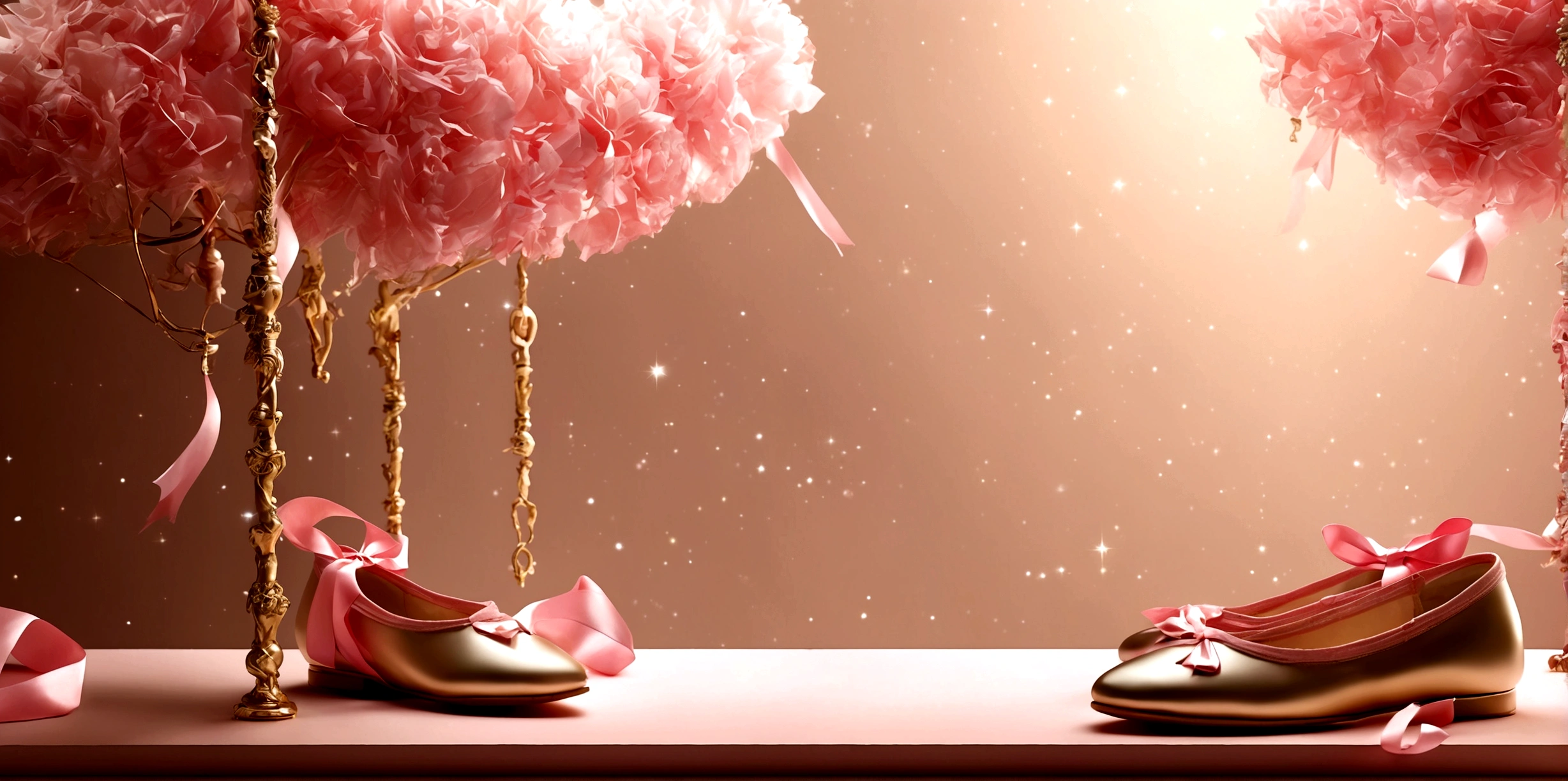 Banner graph;poster;There is a pair of small ballet shoes in the corner of the picture,Wrapped in a pink ribbon;Ribbons fill the screen;dream,mystery;Big scene;Golden pink hue。Low saturation;Background pure,Simplicity。Large blank space in the center。
