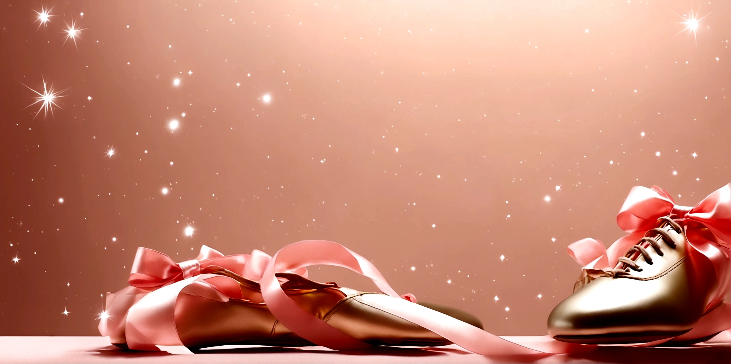 Banner graph;poster;There is a pair of small ballet shoes in the corner of the picture,Wrapped in a pink ribbon;Ribbons fill the screen;dream,mystery;Big scene;Golden pink hue。Low saturation;Background pure,Simplicity。Large blank space in the center。