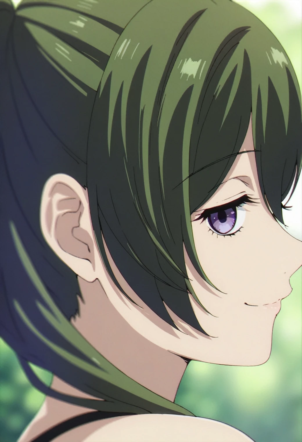 1girl, ubel, solo, green hair, side ponytail, purple eyes, half-closed eyes, BREAK
close-up, closed mouth, looking at viewer, smile, from behind, looking back, BREAK
green background, depth of field, blurry background, BREAK
score_9, score_8_up, score_7_up, score_6_up, anime,
(high quality, detailed, beautiful), shiny, detailed beautiful eyes, outstanding, countershading, detailed soft lighting