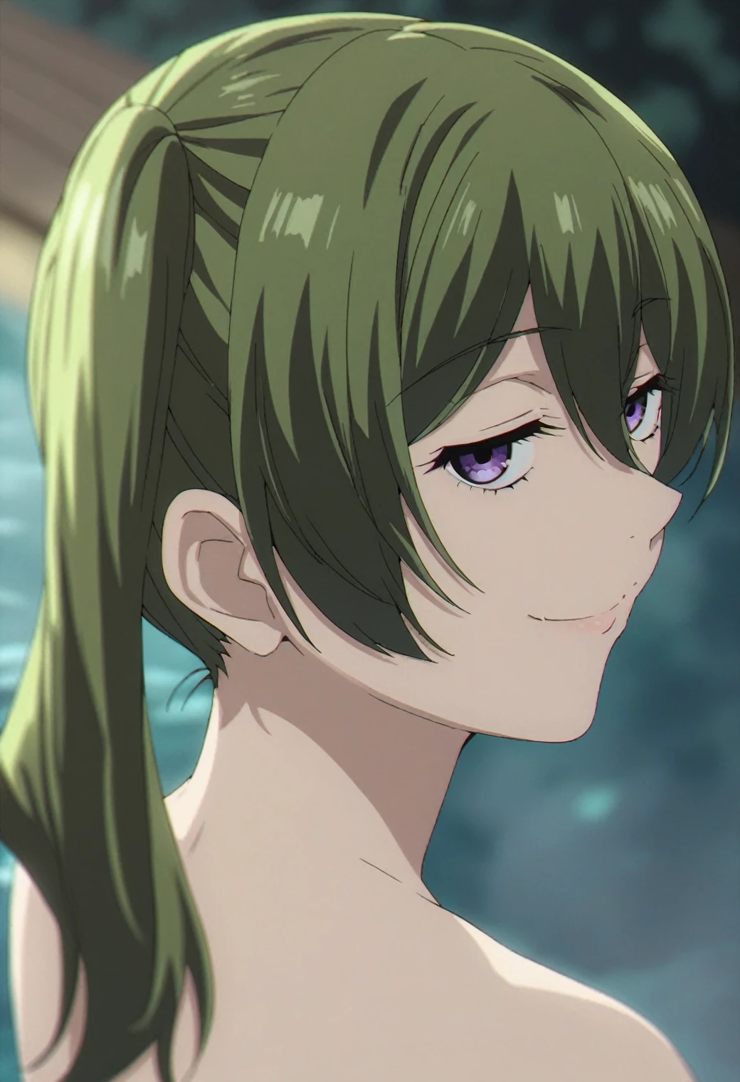 1girl, ubel, solo, green hair, side ponytail, purple eyes, half-closed eyes, BREAK
close-up, closed mouth, looking at viewer, smile, from behind, looking back, BREAK
green background, depth of field, blurry background, BREAK
score_9, score_8_up, score_7_up, score_6_up, anime,
(high quality, detailed, beautiful), shiny, detailed beautiful eyes, outstanding, countershading, detailed soft lighting