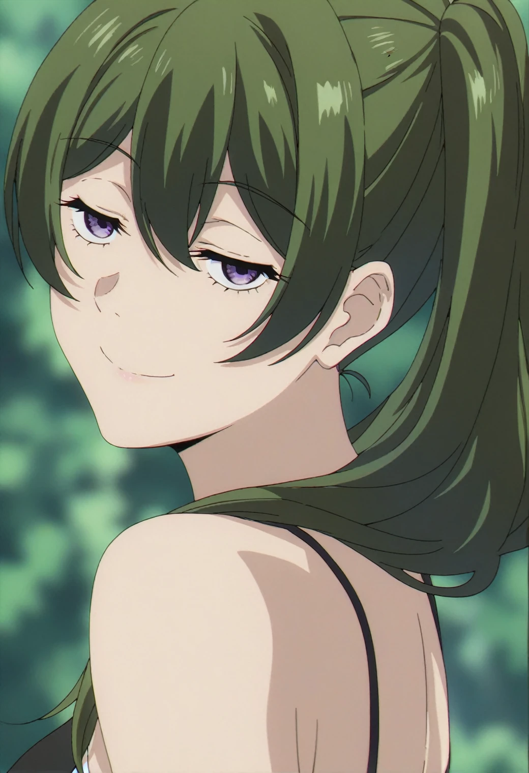 1girl, ubel, solo, green hair, side ponytail, purple eyes, half-closed eyes, BREAK
close-up, closed mouth, looking at viewer, smile, from behind, looking back, BREAK
green background, depth of field, blurry background, BREAK
score_9, score_8_up, score_7_up, score_6_up, anime,
(high quality, detailed, beautiful), shiny, detailed beautiful eyes, outstanding, countershading, detailed soft lighting