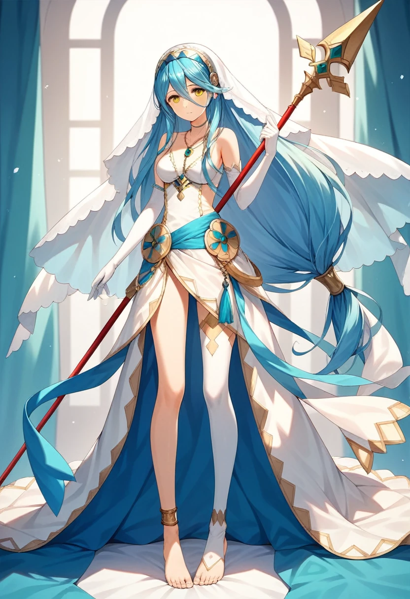 masterpiece, Highest quality, Very detailed, score_9, score_8_upper, score_7_upper, score_6_upper, アニメ, Aqua(Fire emblem), azura_(FEif), Low-tied_long_hair, light_blue_hair, Yellow Eyes, Asymmetrical legwear, barefoot, Opera Gloves, pendant,White legwear, Single bare leg, White Dress, hair band, Long hair between the eyes, Gold Anklet, Veil, Beautiful Eyes, Perfect Face, Perfect hands, Perfect Fingers, medium breasts, Very beautiful long legs, Thighs, spear, Have a weapon, standing at attention