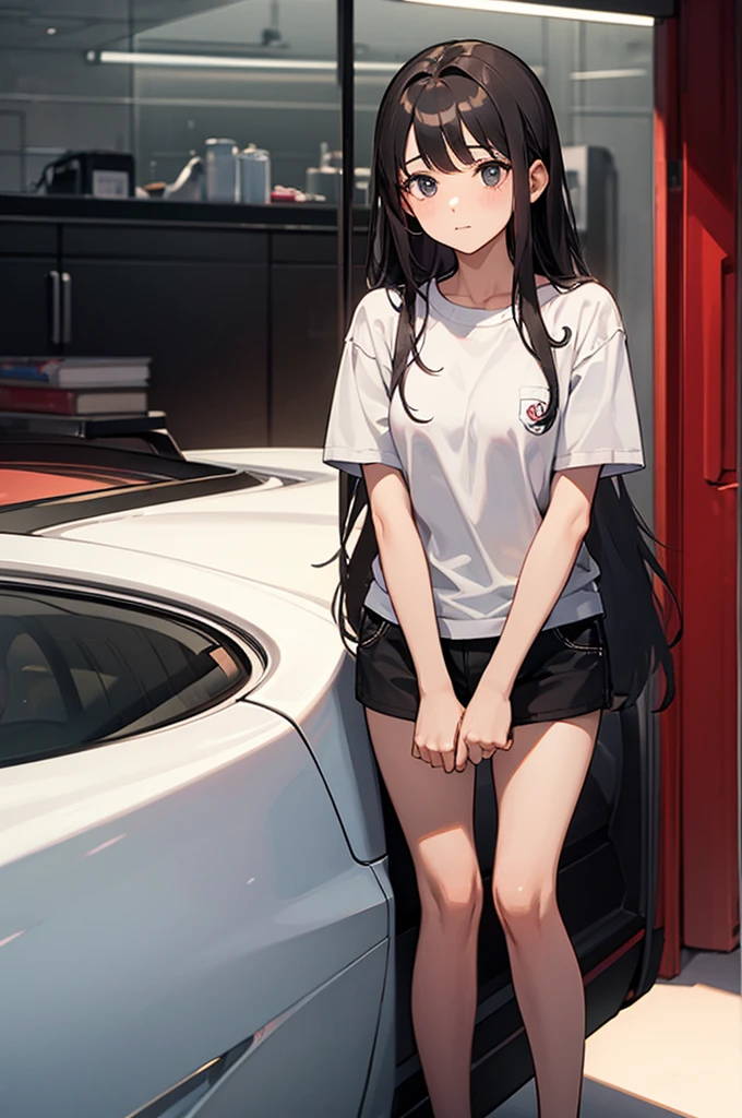A 15 year old girl, It's in a bedroom, Brown hair, black eyes, wear a long top and black pants, Her breasts are medium and so are her buttocks., It's cute.