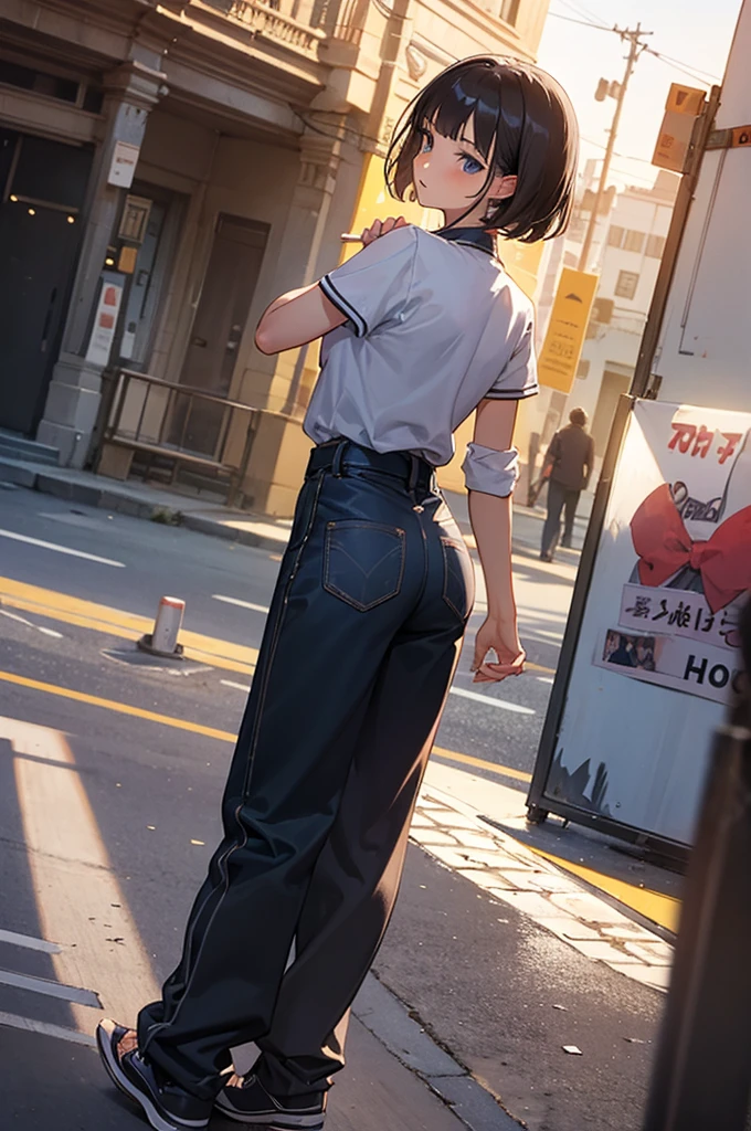 A 15 year old girl, It's in a bedroom, Brown hair, black eyes, wear a long top and black pants, Her breasts are medium and so are her buttocks., It's cute.