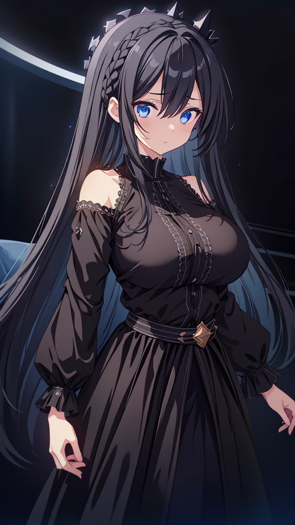 best quality, extremely detailed, anime style girl, long hair down to the waist, straight hair, dark black hair with bluish,crown braid,beautiful detailed eyes, pinched eyes, dark blue eyes, gradation eyes,huge breasts,((((black atmosphere)))),((Luxurious room)),((((cool)))),dynamic angle,sparkling eyes 