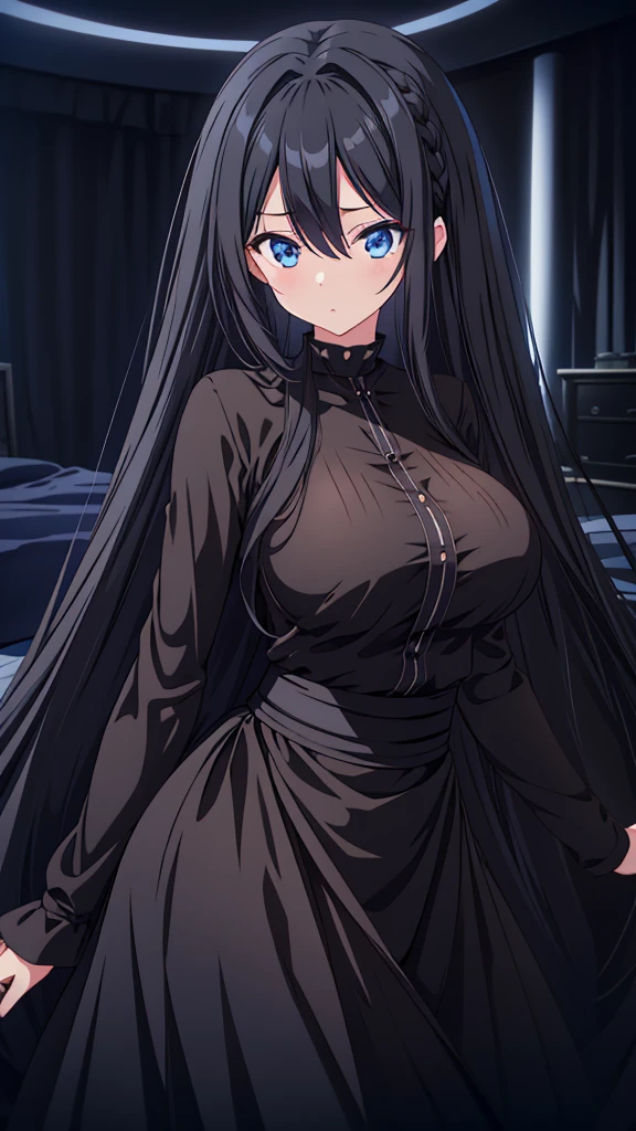 best quality, extremely detailed, anime style girl, long hair down to the waist, straight hair, dark black hair with bluish,crown braid,beautiful detailed eyes, pinched eyes, dark blue eyes, gradation eyes,huge breasts,((((black atmosphere)))),((Luxurious room)),((((cool)))),dynamic angle,sparkling eyes 