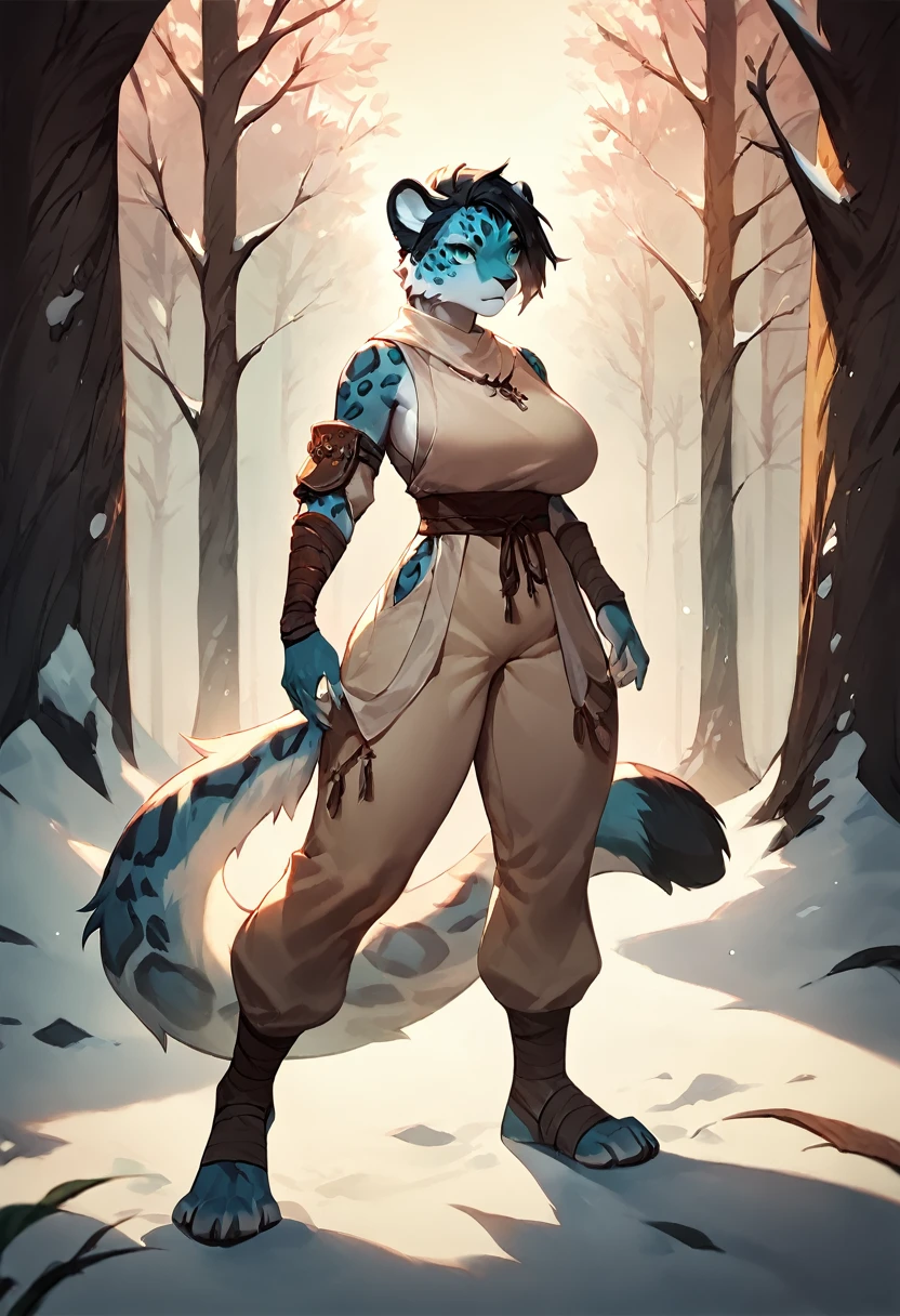 score_9, score_8_up, score_7_up, score_6_up, score_5_up, score_4_up, (solo), female anthro Snow leopard, monk clothes, monk pants lusty, fluffy body, long dark black hair, turquoise eyes, (thick thighs:1.3) (she is standing) , giant breasts