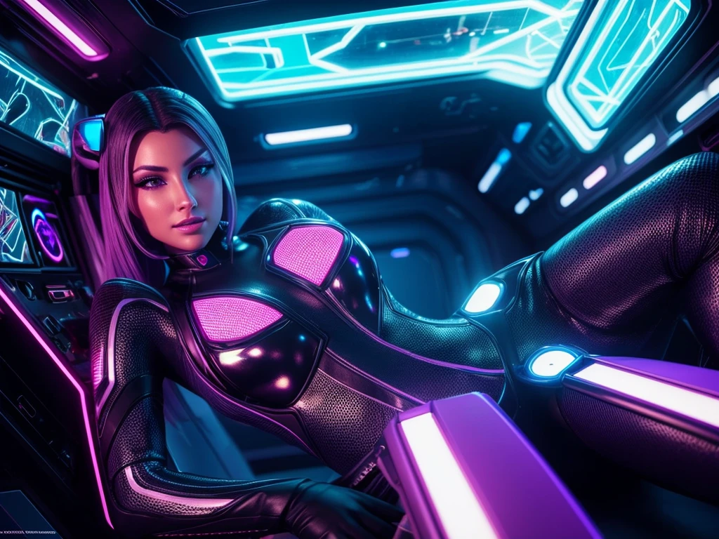 a sexy woman playing video games in a futuristic spaceship, beautiful detailed eyes, beautiful detailed lips, extremely detailed face, long eyelashes, beautiful woman, tight bodysuit, holographic displays, neon lights, glowing monitors, sleek and modern interior, cinematic lighting, vibrant colors, photorealistic, 8k, high quality, concept art