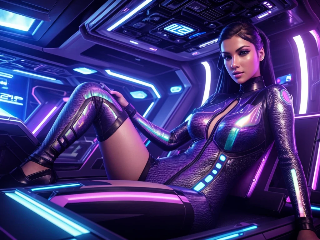 a sexy woman playing video games in a futuristic spaceship, beautiful detailed eyes, beautiful detailed lips, extremely detailed face, long eyelashes, beautiful woman, tight bodysuit, holographic displays, neon lights, glowing monitors, sleek and modern interior, cinematic lighting, vibrant colors, photorealistic, 8k, high quality, concept art