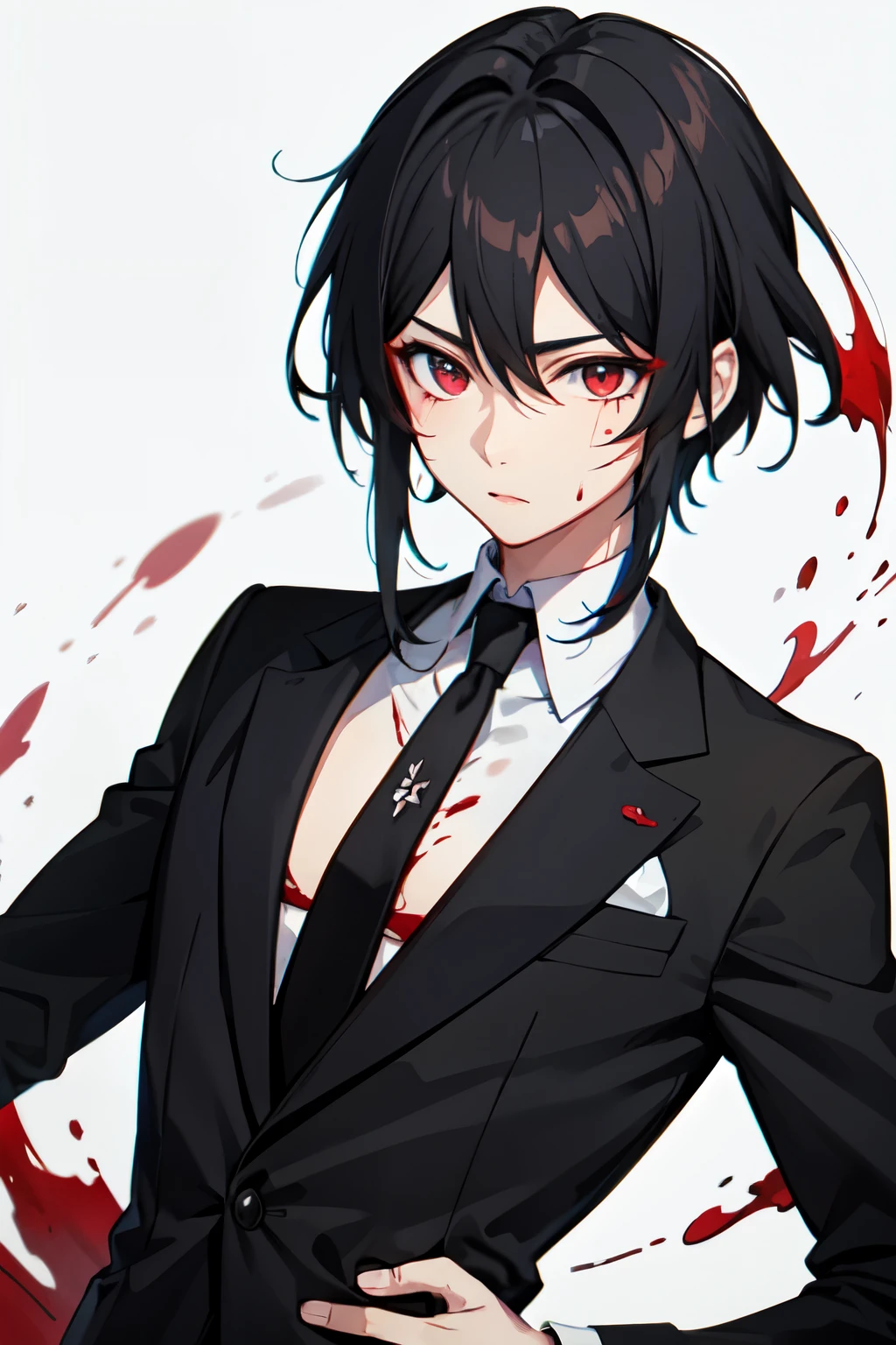 anime boy.blood red eyes black hair and black suit