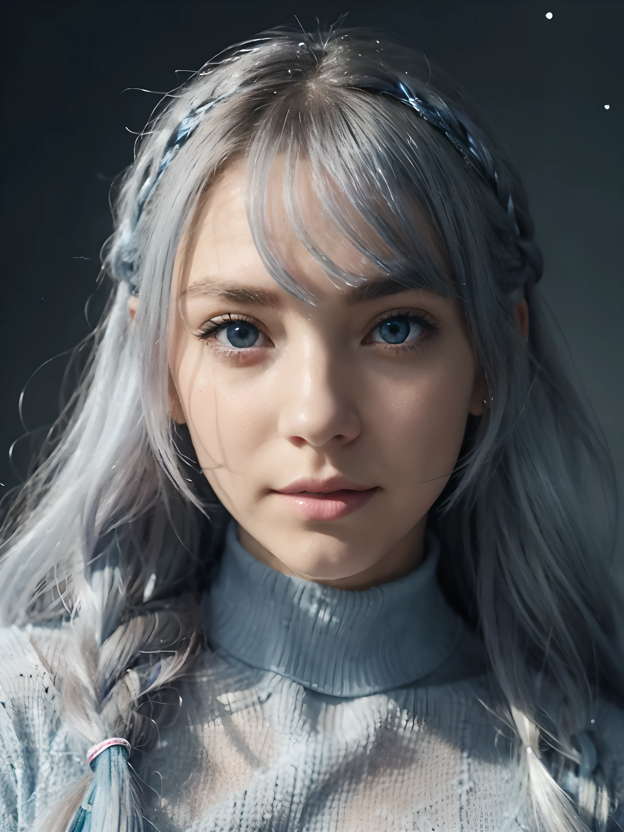 anime girl, extra long hair, hair between eyes, {{{{{{{{{{{{{{wind blowing}}}}}}}}}}}}}}, {{{{{{silver blue hair}}}}}}, {{{{{{{eyes visible through hair}}}}}}}, beautiful detailed eyes, blue eyes, jewel-like eyes, diamond-shaped pupils, light smile, closed mouth, walking, dynamic pose, white high-neck sweater, turtleneck, bodystocking, loafers, hair accessories, hairclip, tie, starry sky, snow glob terrarium filled with sea starts and water, close-up, from above, perspective, rotated, pastel colors, {{{{{{sparkle}}}}}}, glowing light