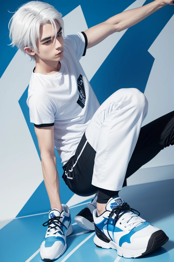Cartoon male character with white hair and blue shirt with white and black pants and blue sneakers