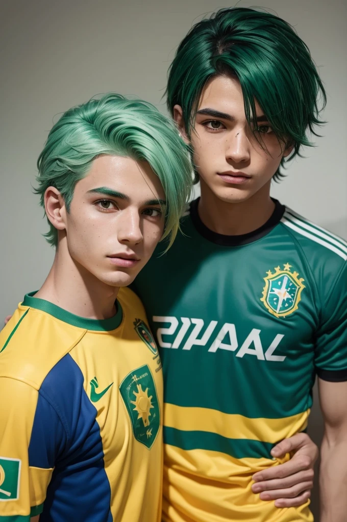 ((best qualityer)), ((work of art)), (detailded), 1 boy with green hair and a Brazilian national team shirt