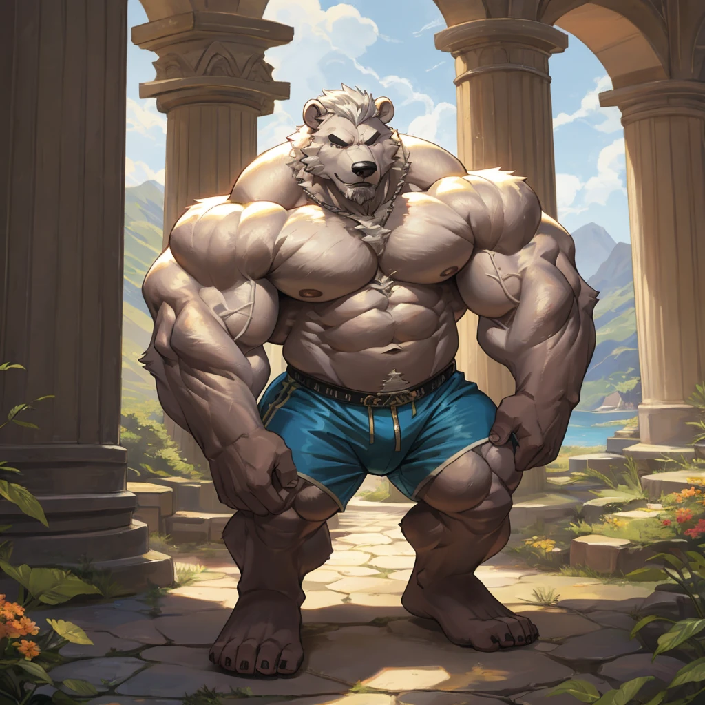 a huge muscular furry polar bear old man at the the Island of Crete, column ruins, huge shoulder muscle , shirtless, muscle, strong man, huge muscle, huge white fur, short hair, bearded, white hair and beard, huge white fur, wrinkles skinned, black short trunks, strong muscle, strong and intimidated, masterpiece, muscular, commission for high res, male, fantasy art, very very beautiful art, art painting , painting art
