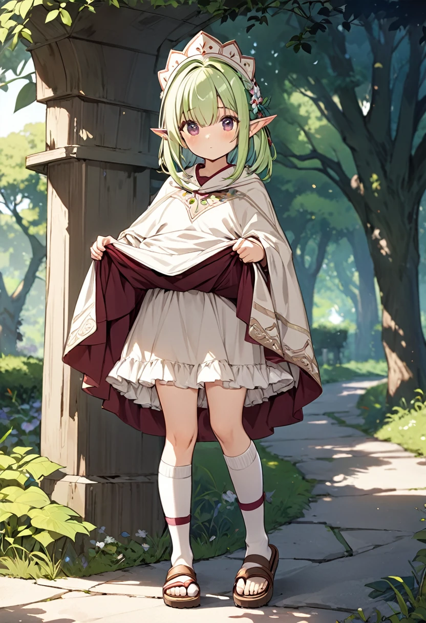 BREAK Perfect Anatomy、(High resolution:1.2)、Incredible illustrations、(Cute illustrations:1.2)、（Beautiful background（bushes in the park)) 1little girl((multicolored hair,((bangs over eyes)), ,)1girl((a girl,elf 1.5meters, 25kg,18 years old female, ((tunic,poncho,petticoat,asymmetric thigh-high socks, sandals),tilting head(dress lift,)