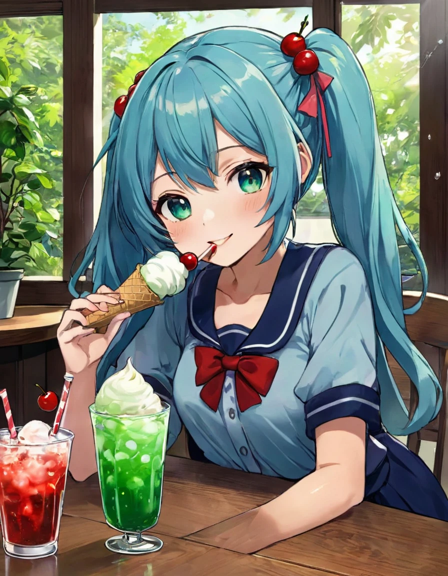 Anime girl drinking ice cream and red cherry on green drink at table with window, Light blue long hair、Twin-tailed Girl、Bright smile、cream soda、Cute realistic portrait, Cute girl anime visuals, Soda themed girl, Cute Anime Girl, Anime Moe Art Style, With a straw, Splash art anime