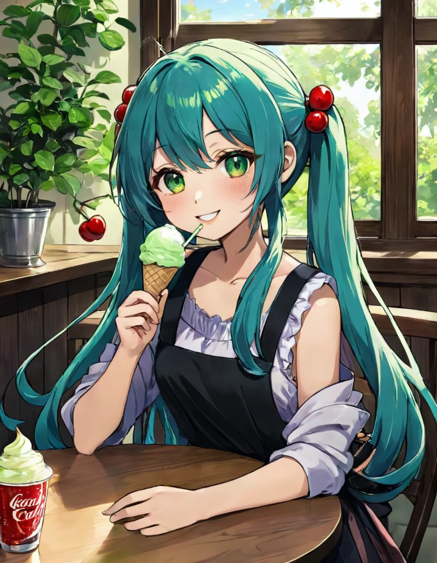 Anime girl drinking ice cream and red cherry on green drink at table with window, Light blue long hair、Twin-tailed Girl、Bright smile、cream soda、Cute realistic portrait, Cute girl anime visuals, Soda themed girl, Cute Anime Girl, Anime Moe Art Style, With a straw, Splash art anime