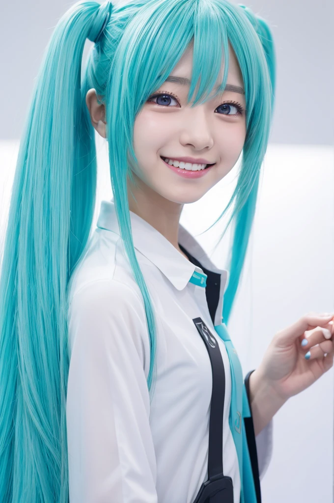Hatsune Miku was standing and crying but she had a smile on her face,Anime pictures,White background