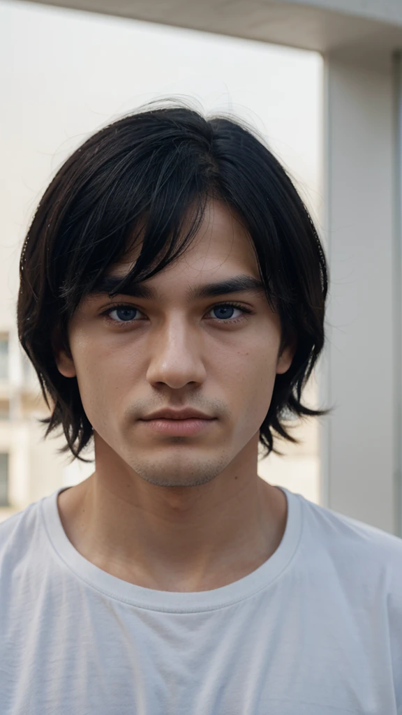 a black-haired, black-eyed, white-skinned man wearing a blue shirt