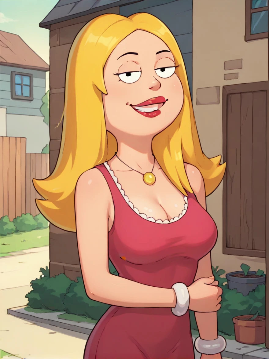 francine,flat color,  blonde hair, 1girl, long hair, white braclet, breasts, solo, necklace, cleavage, pink dress, dress, red lips, standing,looking at viewer,outdoors, upper body,   breasts, smile,   score_9, score_8_up, score_7_up, score_6_up, score_5_up, score_4_up