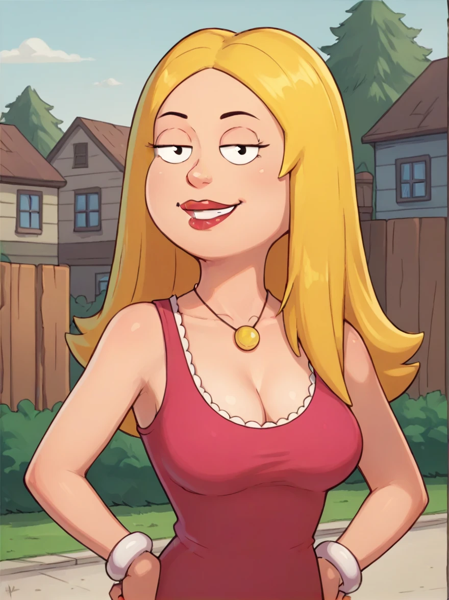 francine,flat color,  blonde hair, 1girl, long hair, white braclet, breasts, solo, necklace, cleavage, pink dress, dress, red lips, standing,looking at viewer,outdoors, upper body,   breasts, smile,   score_9, score_8_up, score_7_up, score_6_up, score_5_up, score_4_up