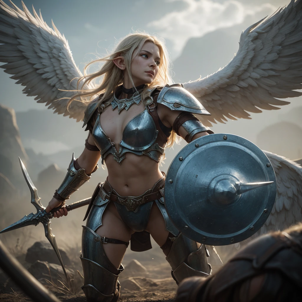Masterpiece,war photograph of an angelic warrior,seductive elf, fighting an orc, long blonde hair, halo, Silver metallic armor with delicate intricate details , luminous angel wings with great detail of textures, the elf is standing over dead orcs, blood, This image evokes the cruelty of battle and the victory of good, the representation of the archangel saint migue sending satan to hell.
