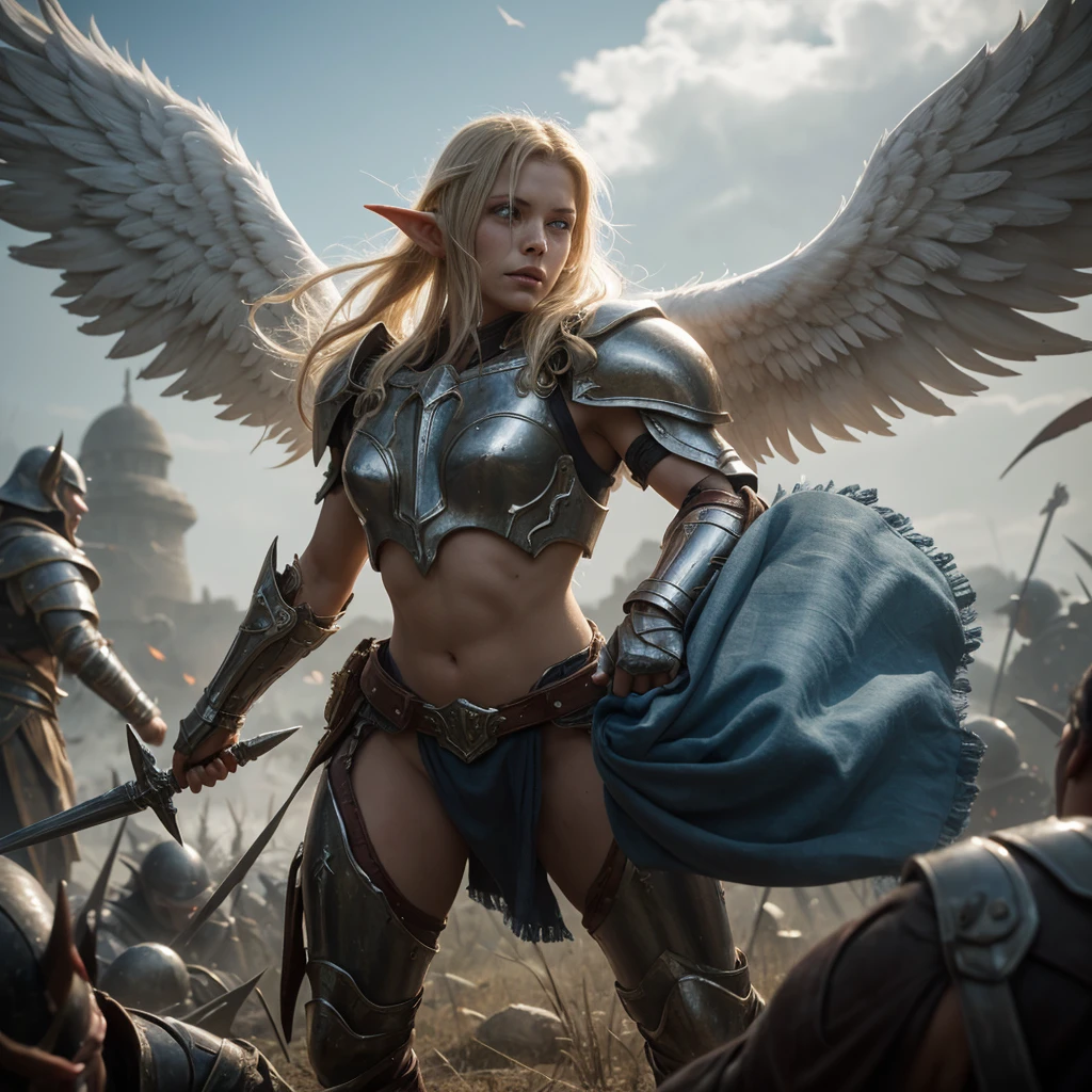 Masterpiece,war photograph of an angelic warrior,seductive elf, fighting an orc, long blonde hair, halo, Silver metallic armor with delicate intricate details , luminous angel wings with great detail of textures, the elf is standing over dead orcs, blood, This image evokes the cruelty of battle and the victory of good, the representation of the archangel saint migue sending satan to hell.