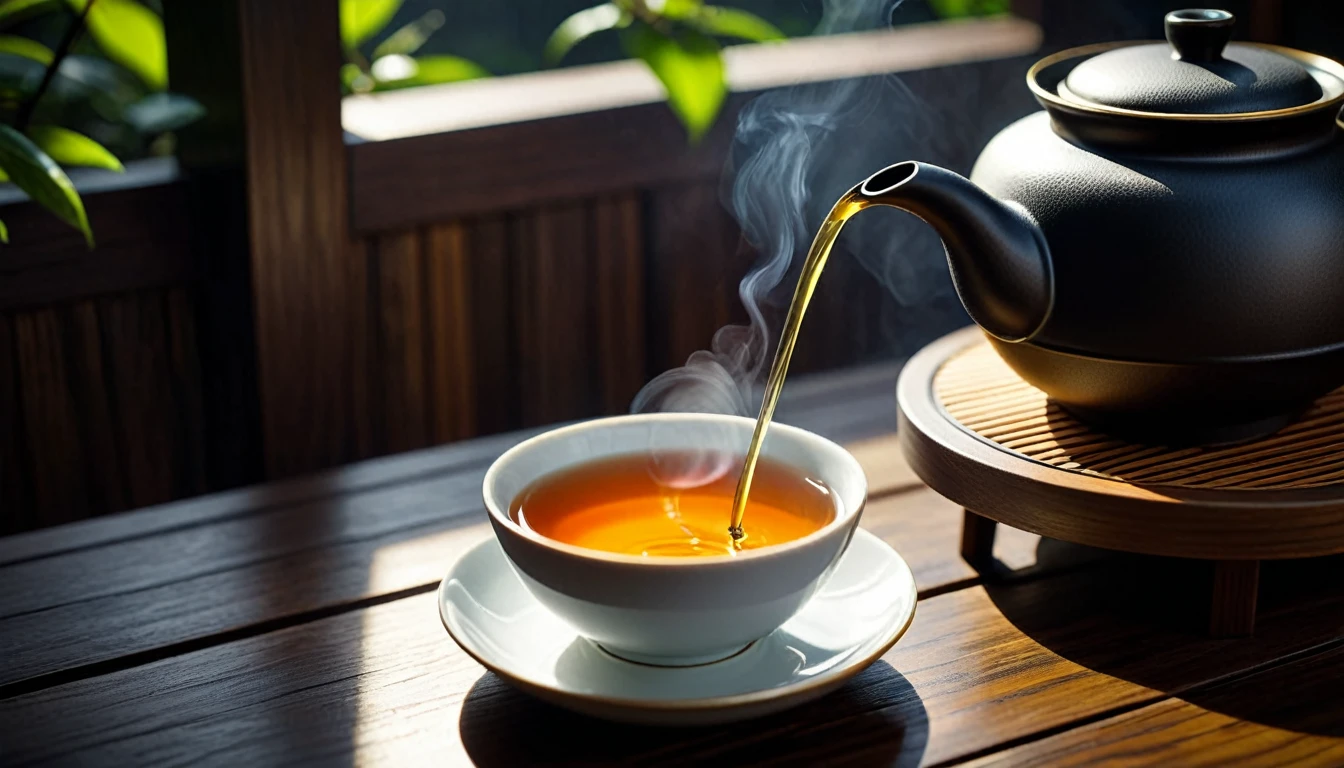 Close-up of tea from iron pot poured into tea cup,Dark wooden table background.The album cover was inspired by Sesshū Tōyō, shutter, Creation and Production, daoshu, ((Have a cup of tea)), qiangshu, Tea ceremony scene cinematic lighting, from above, uhd, accurate, super detail, best quality(Super quality,Super detailed,Ultra-complex,Extremely complex)Soft and natural light and shadow.Reverse fragrance.no humans.Ultra wide angle, (Detailed texture),Background covered with film grain, natural soft light,(Morning Scene.warm sunshine in the morning)Ray tracing, Vignette, Wide-angle lens, Ultra wide angle, Best quality cinematic lighting, Depth of Field, outer boundary, Negative space, Letterbox header image