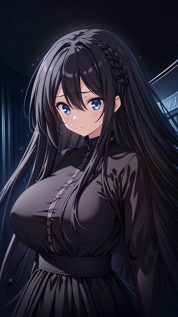best quality, extremely detailed, anime style girl, long hair down to the waist, straight hair, dark black hair with bluish,crown braid,beautiful detailed eyes, pinched eyes, dark blue eyes, gradation eyes,huge breasts,((((black atmosphere)))),((Luxurious room)),((((cool)))),dynamic angle,sparkling eyes