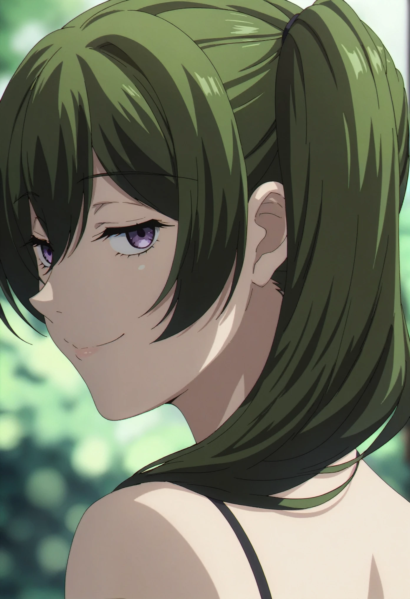 1girl, ubel, solo, green hair, side ponytail, purple eyes, half-closed eyes, BREAK
close-up, closed mouth, looking at viewer, smile, from behind, looking back, BREAK
green background, depth of field, blurry background, BREAK
score_9, score_8_up, score_7_up, score_6_up, anime,
(high quality, detailed, beautiful), shiny, detailed beautiful eyes, outstanding, countershading, detailed soft lighting