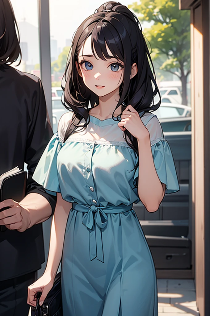 A girl, It's in a bedroom, Brown hair, black eyes, wear a long top and black pants, her breasts are medium, It's cute, is in a room