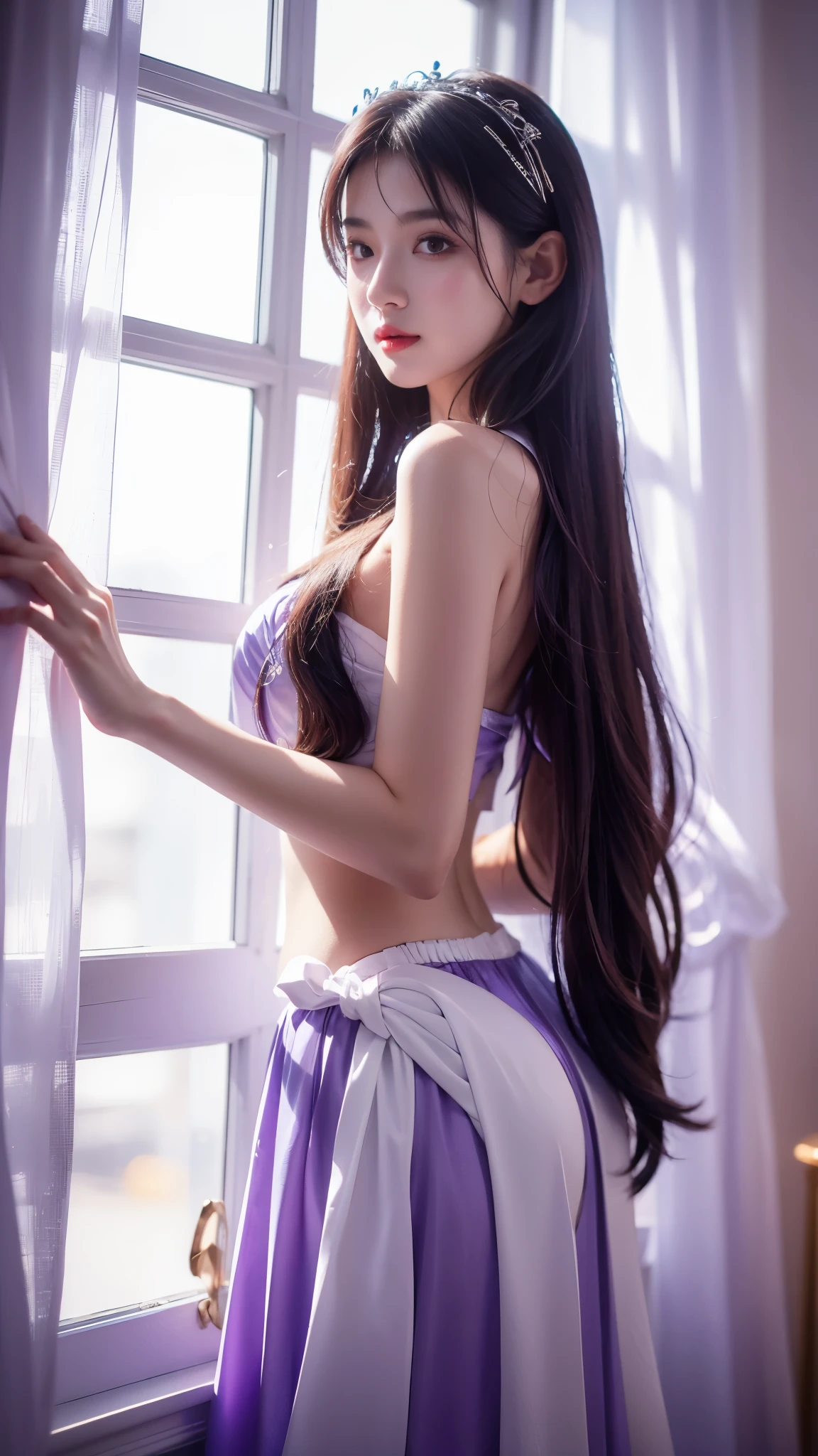 4K, UHD, masterpeice, 1 girl, good face, very long hair, ((white skin)), fairytale clothing, purple clothing, bare waist, fujicolor, window, depth of field, ray tracing, ultra realistic detailes,