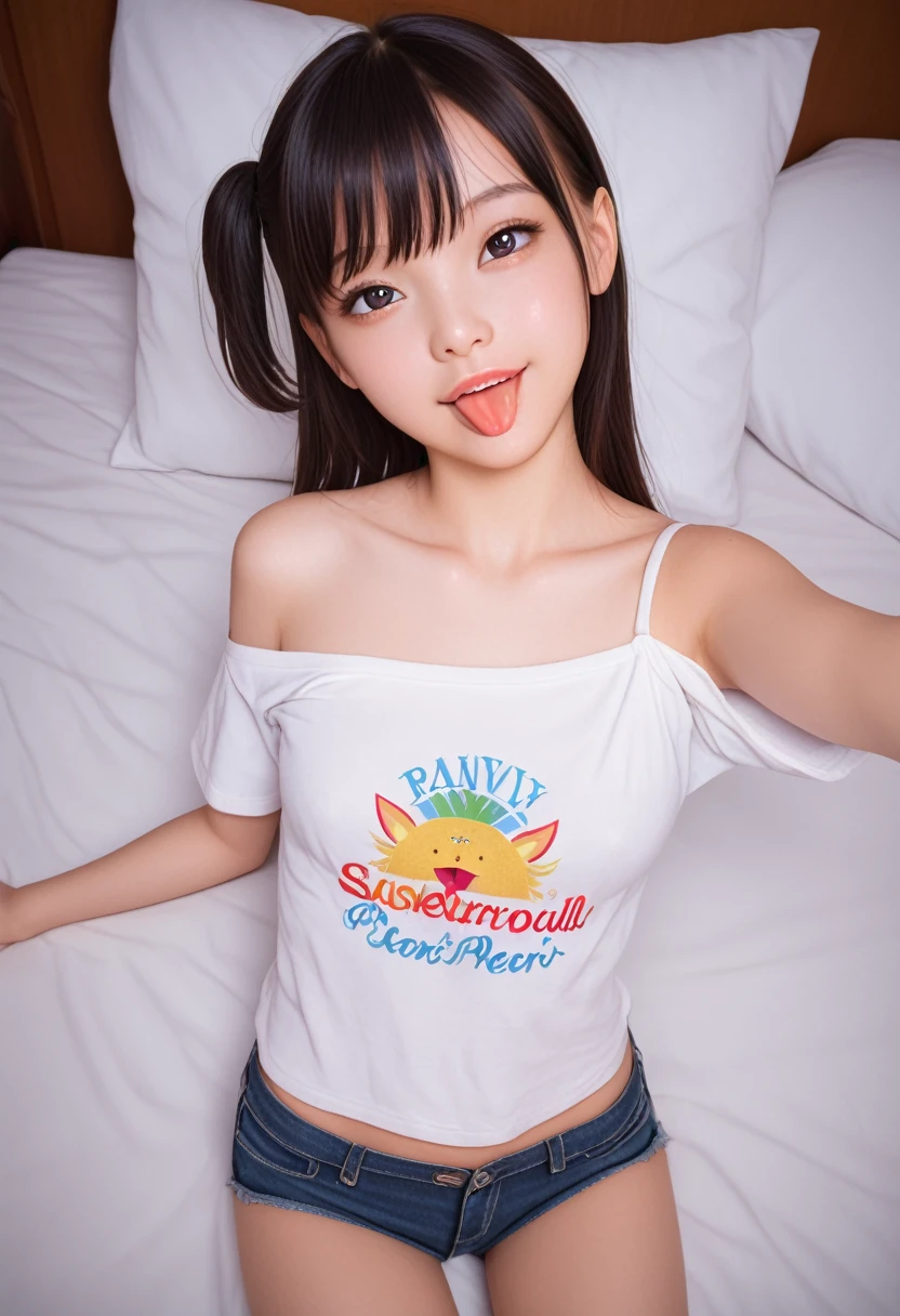 ollarbone,pastel colors t-shirt,off-shoulder look,bare shoulder,midriff peek,micro shorts,open mouth,(tongue out:2),lying,Selfie,looking ahead,from above,front view,cowboy shot,(1girl,Beautiful 14 year old girl),((Slender,Small breasts,Small face,)),looking at viewer,Black Hair,bangs,one side up,Beautiful and detailed,Mischievous smile,Dimly lit room,Simple Background,bed,pillow,best quality,Brilliant Quality
