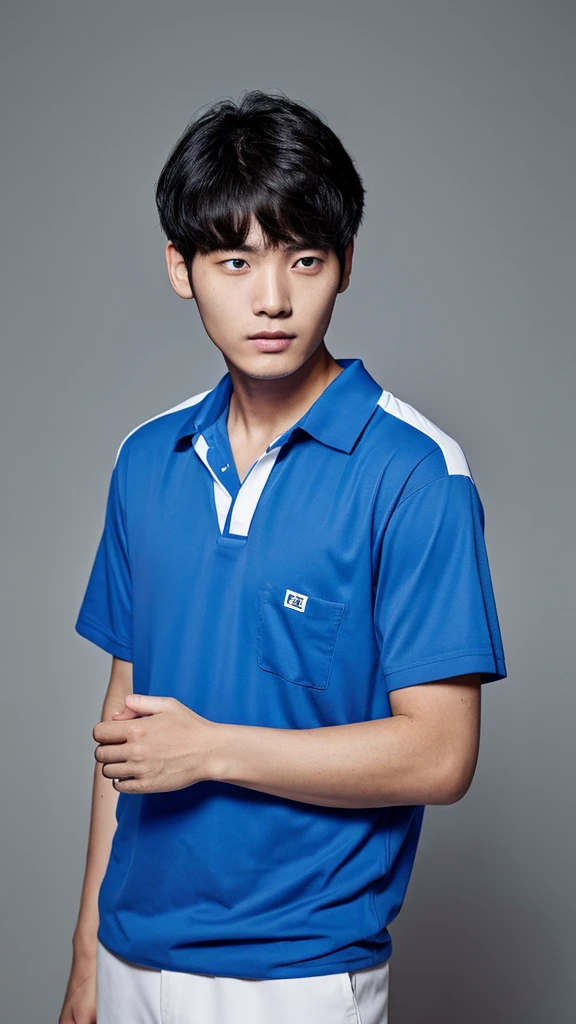 solo , 1man , thai man , blue shirt with collar , black Long pants , happy