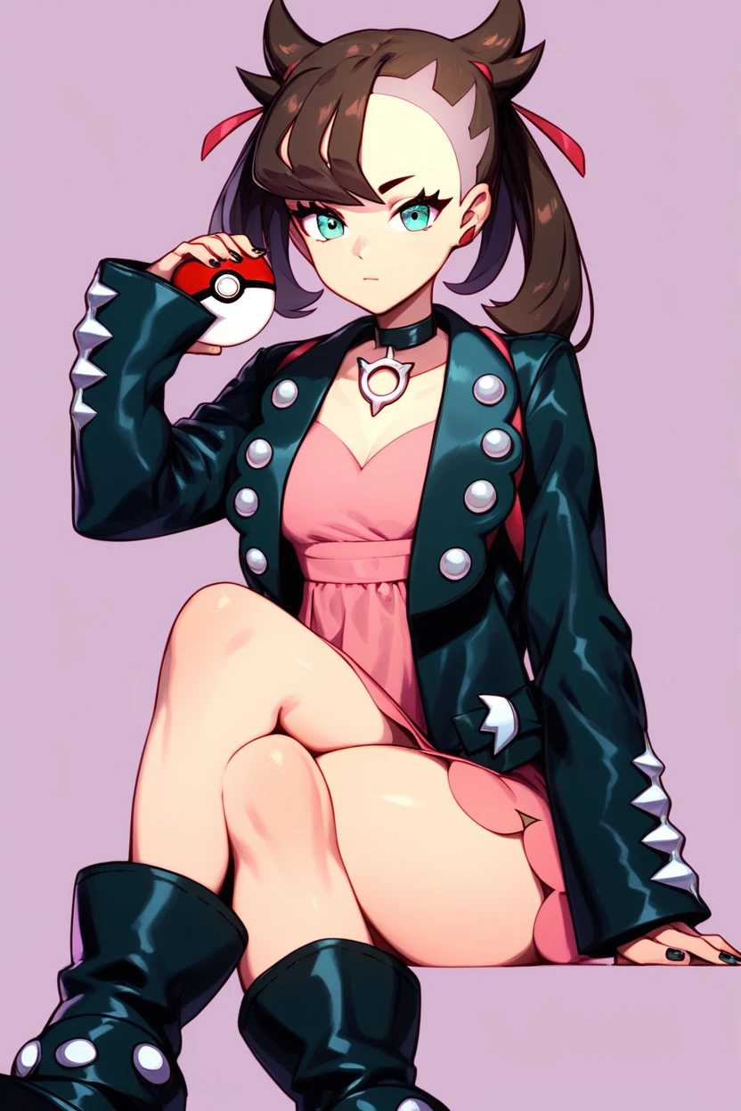 score_9, score_8_up, score_8, medium breasts, (curvy), cute, eyelashes,       zzMarnie, holding poke ball, black choker, pink dress, crossed legs, black jacket, boots, sitting, closed mouth, poke ball \(basic\), open jacket, looking at viewer, black footwear, long sleeves, black nails, nail polish, hand up, brown hair, collarbone, two-tone background  ,embedding:zPDXL,