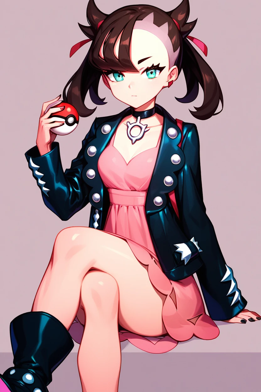 score_9, score_8_up, score_8, medium breasts, (curvy), cute, eyelashes,       zzMarnie, holding poke ball, black choker, pink dress, crossed legs, black jacket, boots, sitting, closed mouth, poke ball \(basic\), open jacket, looking at viewer, black footwear, long sleeves, black nails, nail polish, hand up, brown hair, collarbone, two-tone background  ,embedding:zPDXL,