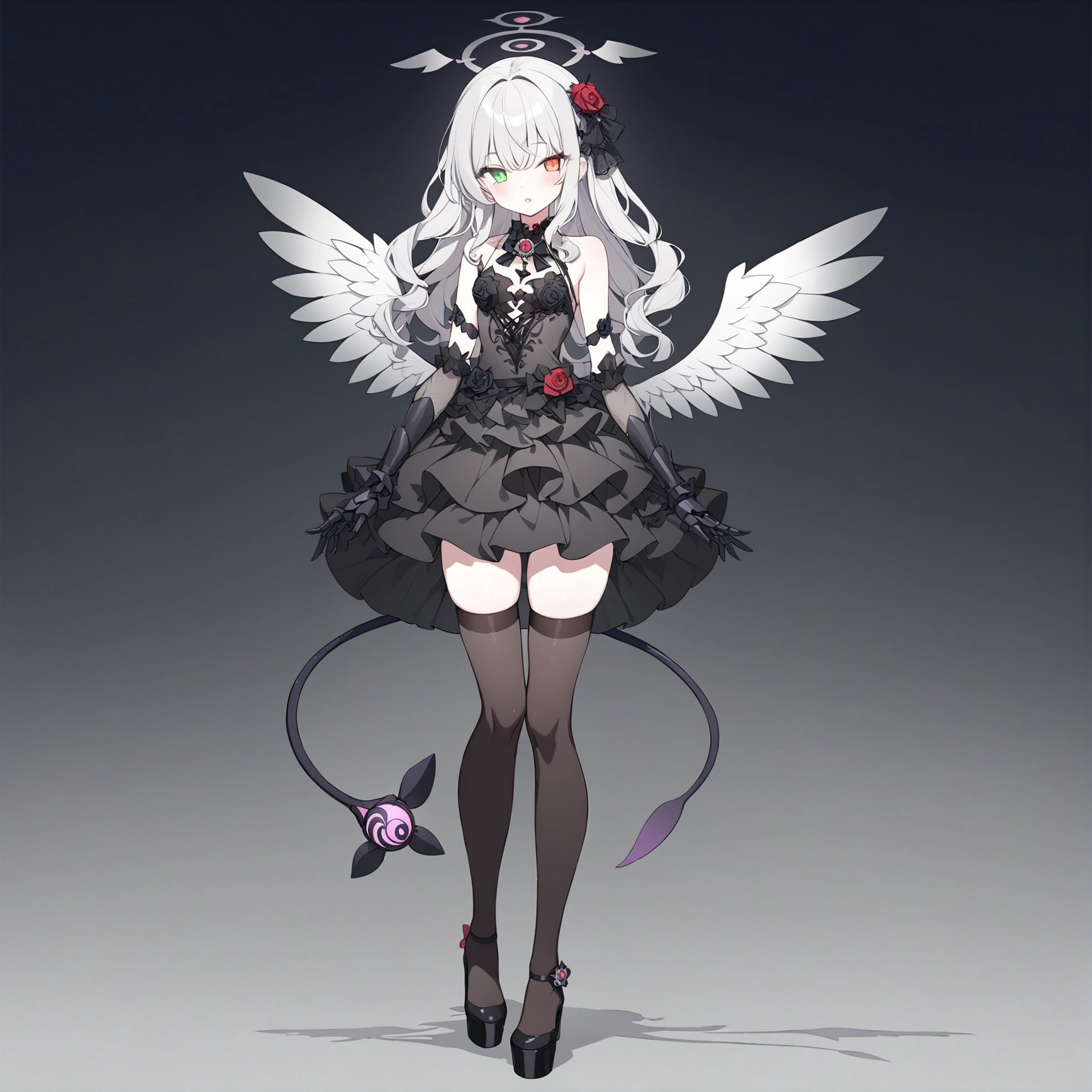 woman 160 cm tall, slim build. (character design sheet: front view). Long Wavy Gray Hair with Knee Length Curls. (heterochromia: one light green eye and one amber eye). she has little ribbons in her hair, rose-shaped brooch on the right side of the hair. extremely detailed face, small face, Beautiful detailed eyes, beautiful detailed lips. adorable, extremely detailed legs, (Best Quality, 4k, 8k, high resolution), ultra detailed, Exquisite and epic character art.... Black high stockings with gold star print.... Black platform heels, Intricate One Piece Low Waist Ruffle Lace Dress.. It has complex mechanical arms that reach up to the forearm., black with small red thorn patterns.... dark gray belt at the waist with a small blue crescent, black necklace on the neck with rose-shaped decoration. He has small angel wings on his back that are dark blue and black..... It has a succubus tail that ends in the shape of a heart.. Wide hips. Wears a luminous gray and black halo with rose patterns.... (small chest size). beautiful detailed wings. beautiful detailed hair, beautiful detailed dress. extremely detailed arms.
