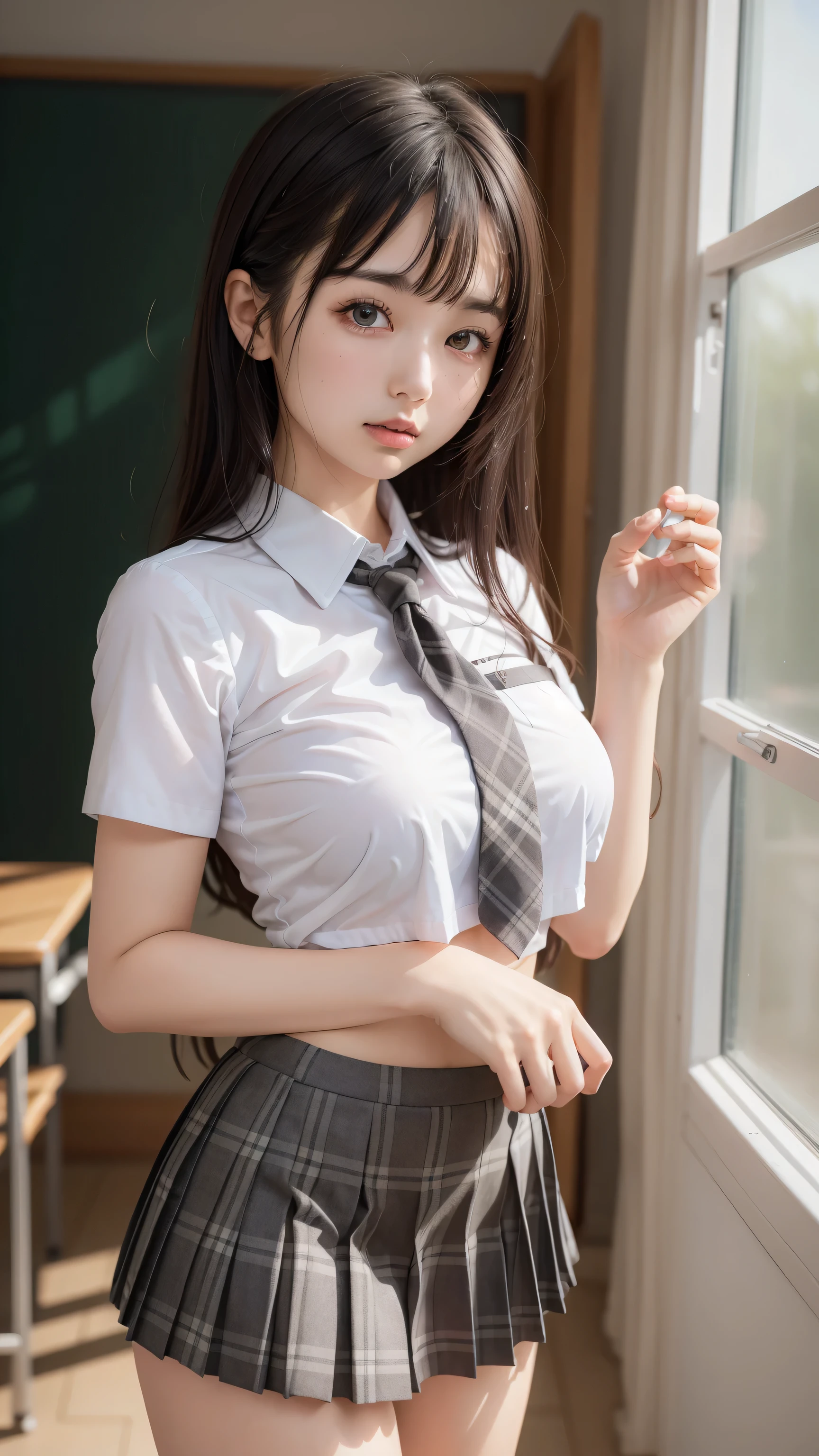 (1girl), (highly detailed face), Amazing face and eyes, (Best Quality:1.4), (Ultra-detailed), (extremely detailed CG unified 8k wallpaper), 
Highly detailed, High-definition raw color photos, Professional Photography, Realistic portrait, 
Amazing face and eyes, Pink eyes, (hi-school uniform, pleated mini skirt:1.3), brown hair, model, depth of fields, School, classroom,
clothes lift, black tartan skirt, shirt lift, nsfw. 
dynamic pose, dramatic lighting, seductive expression.