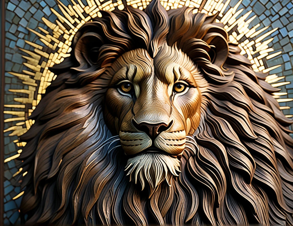  the chronicles of narnia, Aslan in jesus figure, mosaic arts, halo in the back, hyper-realistic close-up image, 8k resolution, cinematic lighting, UHD, HDR, RAW,  intricated details, color grading,  gradient map, epic masterpiece, film poster style, delicate detailing,subtle texture,soft-focus effect,soft shadows,minimalist aesthetic,gentle illumination,elegant simplicity,serene composition timeless appeal,visual softness,extremely high quality high detail RAW color photo,professional lighting,sophisticated color grading,sharp focus,soft bokeh,striking contrast,dramatic flair,depth of field,seamless blend of colors,CGI digital painting,cinematic still 35mm,CineStill 50D,800T,natural lighting,shallow depth of field,crisp details,hbo netflix film color LUT,32K,UHD,HDR,film light,panoramic shot,breathtaking,hyper-realistic,ultra-realism,high-speed photography,perfect contrast,award-winning phography,directed by lars von trie