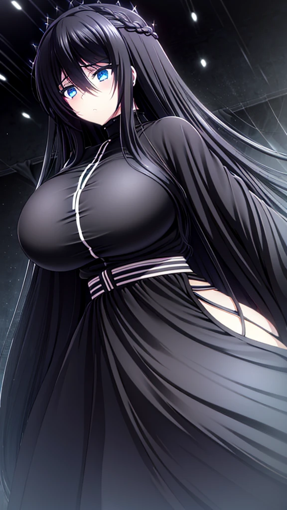 best quality, extremely detailed, anime style girl, long hair down to the waist, straight hair, dark black hair with bluish,crown braid,beautiful detailed eyes, pinched eyes, dark blue eyes, gradation eyes,huge breasts,((((black atmosphere)))),((Luxurious room)),((((cool)))),dynamic angle,sparkling eyes 