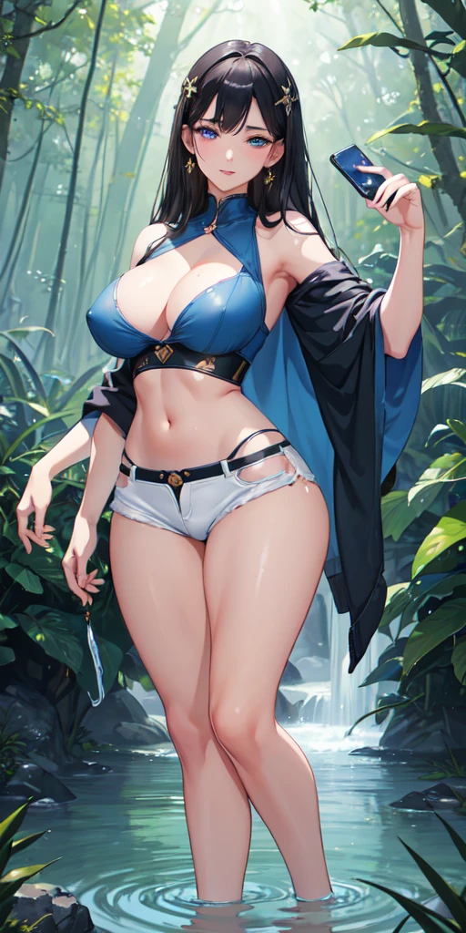 ((Best quality, 8K, masterpiece:1.4)), female anime, full body, very large breasts:1.5, wide hips, large butt:1.4, slim waist, detailed face, long straight black hair, bright blue eyes, wearing tight white top, short denim shorts, nipples visible through fabric, sweaty skin:1. 4,wet, standing in a dense forest, looking directly at the viewer with a seductive expression, holding a smartphone, licking the screen, highly detailed skin and face texture, detailed eyes, long eyelashes, thin waist, highly detailed face and skin texture, forest flooded with moonlight, magical atmosphere, realistic light and shadows, ethereal beauty, elegant posture, thick thighs, confident stance