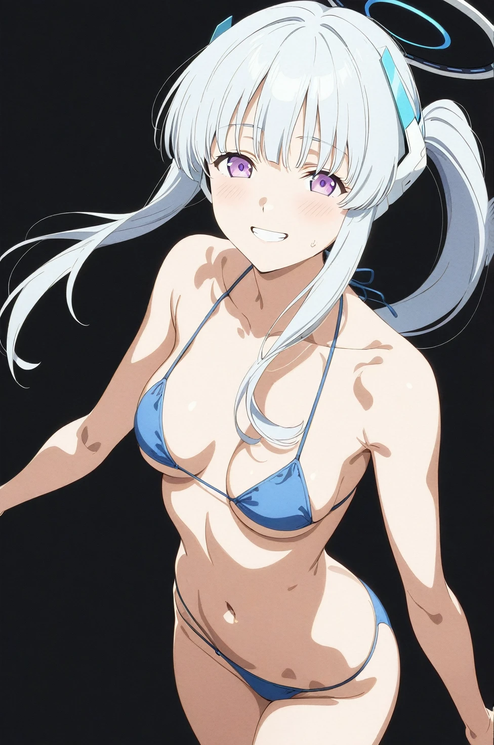 best quality, amazing quality, very aesthetic, absurdres, (1girl, noa, blue archive, solo, purpel eyes), (realistic face:0.9),(string bikini:1.8), (grin, blush, thigh:1.3), (cowboy shot), (glowing eyes), (half closed eyes:0.9), (ass), (official art:1.3), (pool), expressive eyes, perfect face, extremely detailed eyes, perfect anatomy, smooth skin, (black background:1.5), clear eyes, beautiful face, medium breasts, (anime style:1.7), (Warm Light:1.5), (highres:2), (Chiaroscuro),