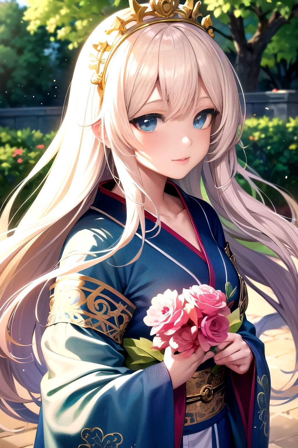 a beautiful anime girl,госпожа Шин,bright and vibrant colors,flower crown,ornate kimono,intricate details,elegant and refined,detailed facial features,mesmerizing eyes,lush and verdant garden background,natural lighting,photorealistic,8k,highly detailed,masterpiece