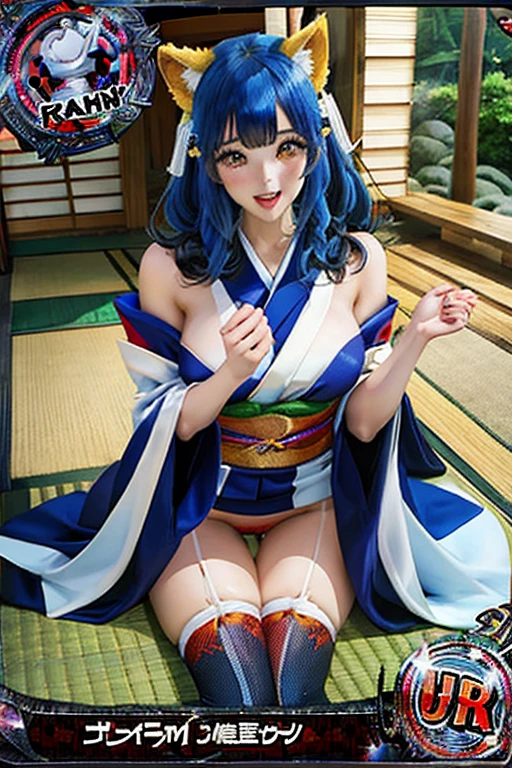 trading card of 1girl, mature female, shiny skin, (masterpeice), (wallpaper), (high quality), (absurdres),kaia, fox ears,blush, breasts, cleavage, detached sleeves, hair ornament, large breasts, open mouth, panties, red legwear, smile, solo, fox tail, tears, thighhighs, underwear, wide sleeves, orange eyes,kimono,two-tone hair,kneelings,blue hair,onsen, outdoors, tatami, kimono,