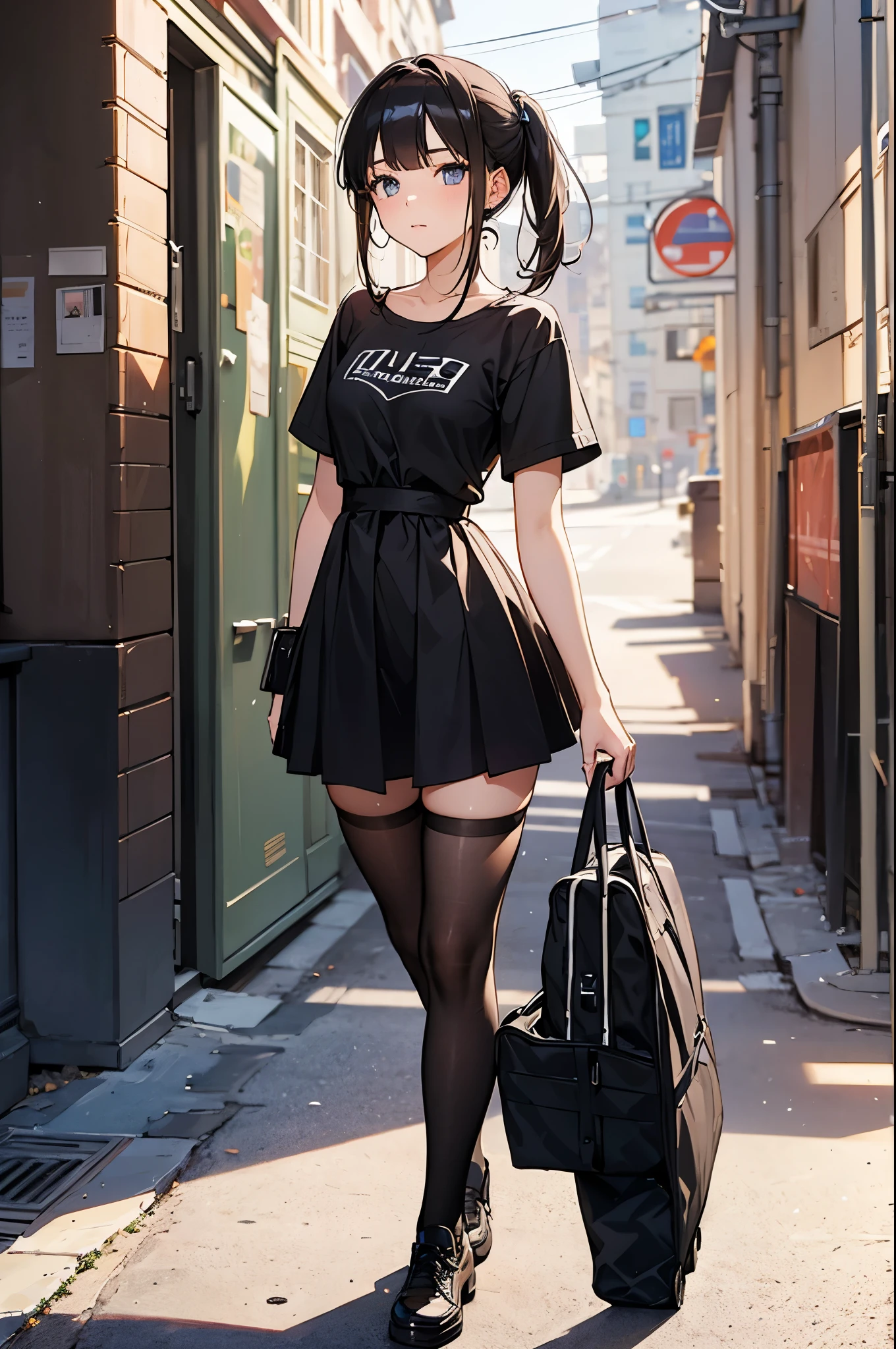 A 15 year old girl, It's in a bedroom, Brown hair, black eyes, wear a long top and black pants, her breasts are medium, It's cute, is in a room