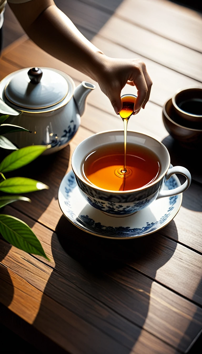 Close-up of tea from white iron pot poured into tea cup,Dark wooden table background.The album cover was inspired by Sesshū Tōyō, shutter, Creation and Production, daoshu, ((Have a cup of tea)), qiangshu, Tea ceremony scene cinematic lighting, from above, uhd, accurate, super detail, best quality（Super quality，Super detailed，Ultra-complex，Extremely complex）Soft and natural light and shadow.Reverse fragrance.no humans.Ultra wide angle, (Detailed texture),Background covered with film grain, natural soft light,(Morning Scene.warm sunshine in the morning)Ray tracing, Vignette, Wide-angle lens, Ultra wide angle, Best quality cinematic lighting, Depth of Field, outer boundary, Negative space, Letterbox header image