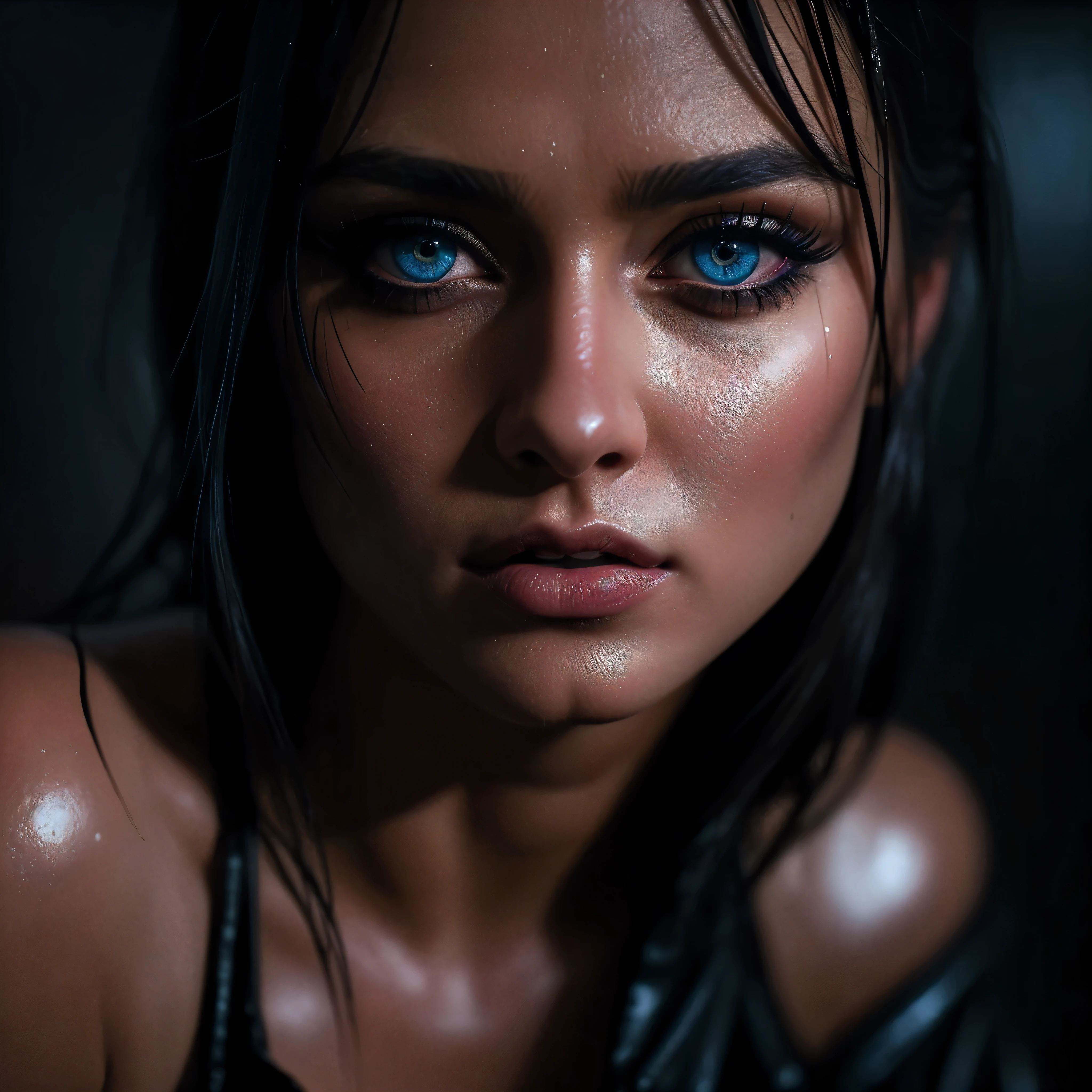 ((full body)), (((posing, sexy pose, alluring pose 1.1))), (Best Quality,High Definition:1.2),Ultra detailed,realistic,Portrait, beautiful girl with gorgeous glowing blue eyes, gothic makeup, large breasts, ((covered nipples)), no underwear, revealing clothes, ((white button-down shirt)), (((black miniskirt))), ((luscious thighs)), in the rain, ((wet clothes )), night street, (best quality, 4k,8k, high resolution, masterpiece: 1.2), ultra detail, (realistic, photorealistic, photorealistic: 1.37), extremely detailed eyes and face, beautiful detailed eyes, beautiful detailed lips, long eyelashes , dramatic lighting, cinematic lighting, moody atmosphere, darkness and grit, dramatic contrast, rich colors, neon lights, rain effects. (Perfect details:1.1), (beautiful and clear background:1.2), (Extremely detailed CG, Ultra detailed, best shadow:1.1), (perfectly detailed beautiful eyes), , close-up, cinematic lighting, vibrant colors, photorealistic, concept art style, high quality, 8K, HDR, physical rendering, extreme detail, blur, depth of field, blurred foreground,