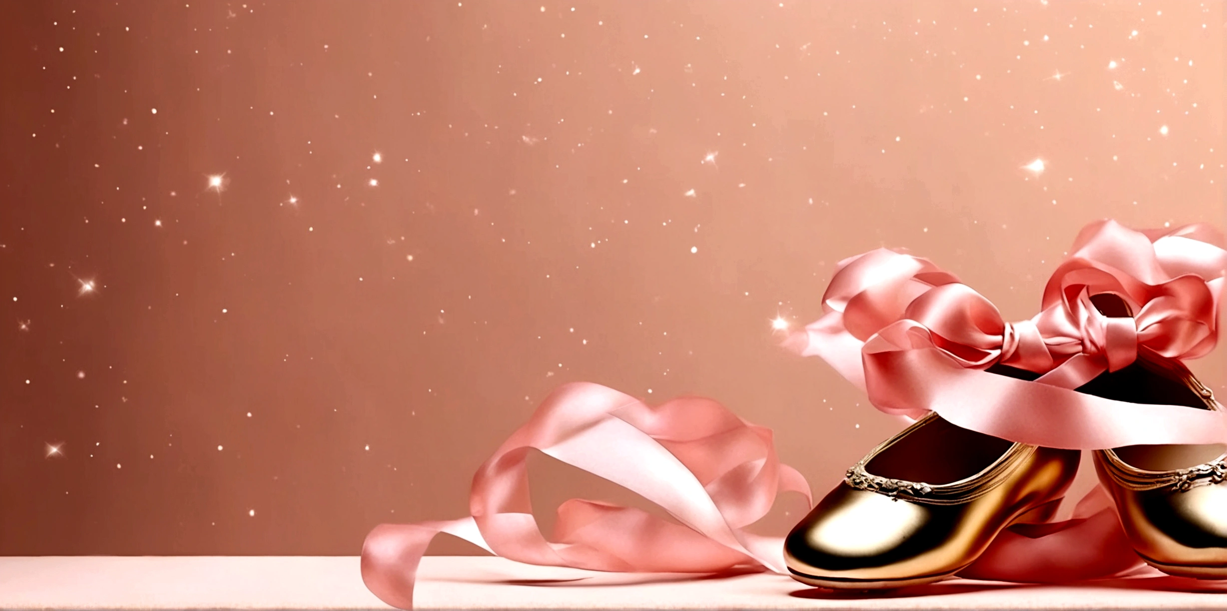 Banner graph;poster;There is a pair of small ballet shoes in the corner of the picture,Wrapped in a pink ribbon;Ribbons fill the screen;dream,mystery;Big scene;Golden pink hue。Low saturation;Background pure,Simplicity。Large blank space in the center。Flat background;