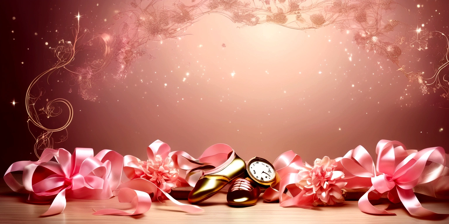 Banner graph；poster；There is a pair of small ballet shoes in the corner of the picture，Wrapped in a pink ribbon；Ribbons fill the screen；dream，mystery；Big scene；Golden pink hue。Low saturation；Background pure，Simplicity。Large blank space in the center。Flat background；